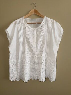 Sundance White Short Sleeve Cotton Eyelet Top Sz L Croquet Beachy Resort Comfy